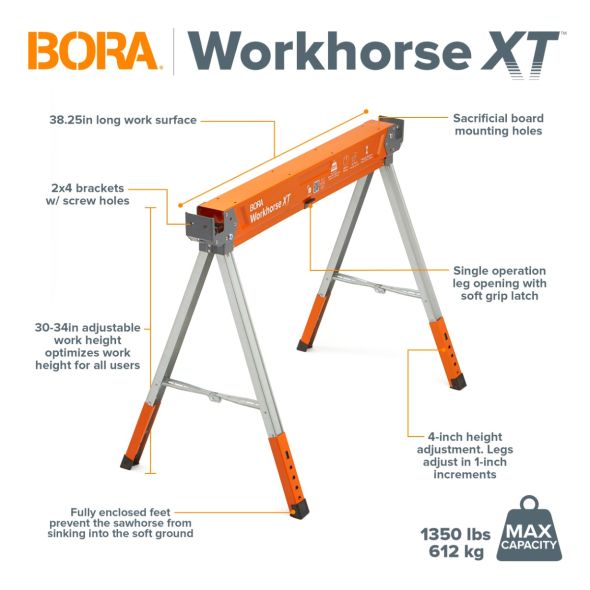 BORA Professional Heavy - Duty Workhorse XT Steel Sawhorse