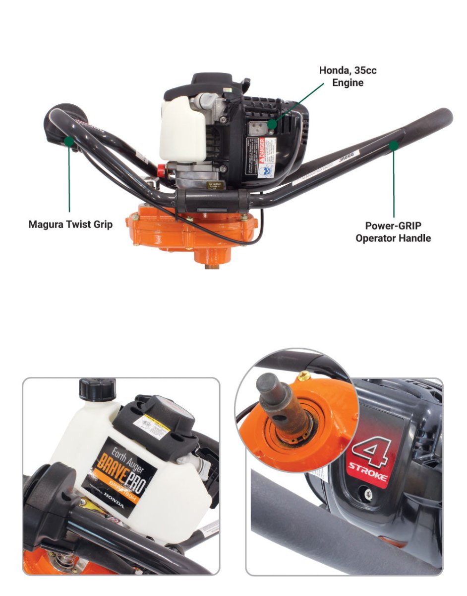 Brave Single - Operator Earth Auger with 1 - Inch Round Driveshaft and Honda GX35 Engine