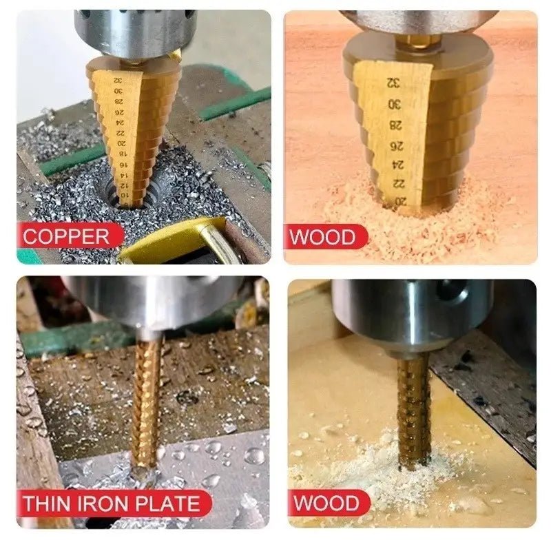 6-Piece Set of Titanium Step Drill Bits for Precision Drilling & Twisting in Metal