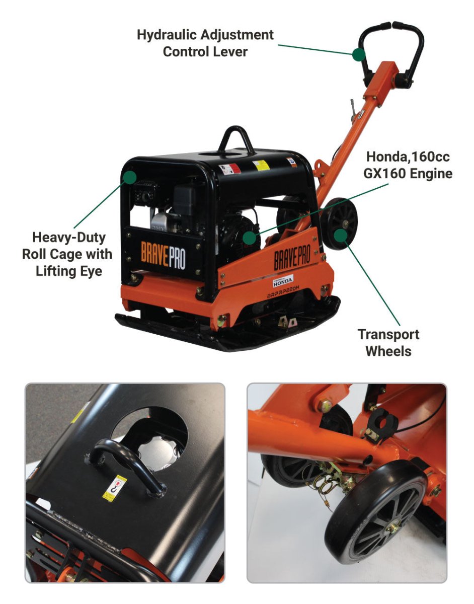Brave 20 - Inch Reversible Plate Compactor with Wheel Kit and Powerful Honda GX200 Engine for Construction Projects