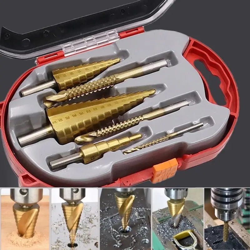 6-Piece Set of Titanium Step Drill Bits for Precision Drilling & Twisting in Metal