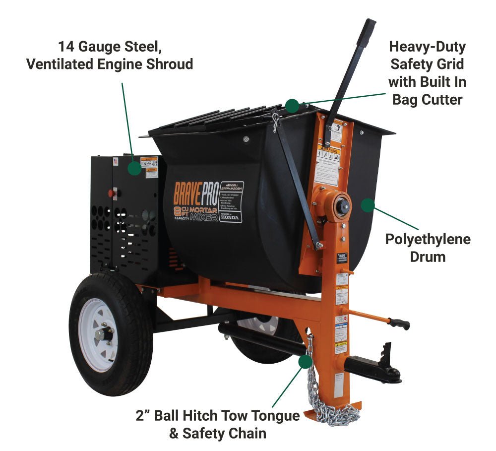 High - Performance Brave Mortar Mixer with 8 Cubic Feet Polyethylene Drum and Honda GX240 Engine