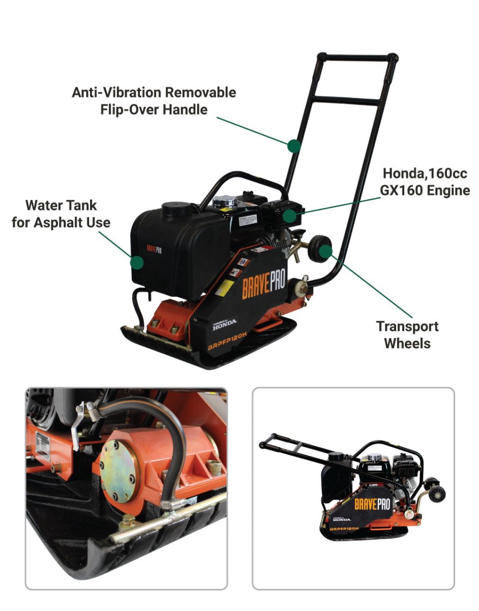 Brave 14-Inch Forward Plate Compactor with Tank and Wheel Kit Powered by Honda GX160 Engine for Various Compaction Tasks