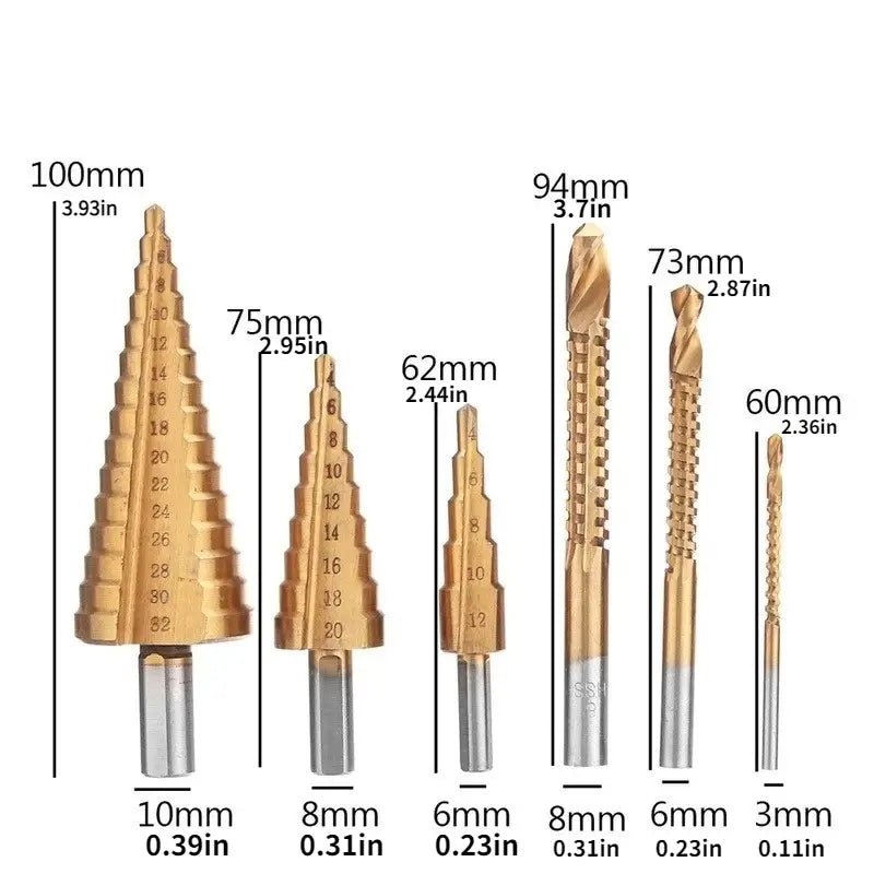 6-Piece Set of Titanium Step Drill Bits for Precision Drilling & Twisting in Metal