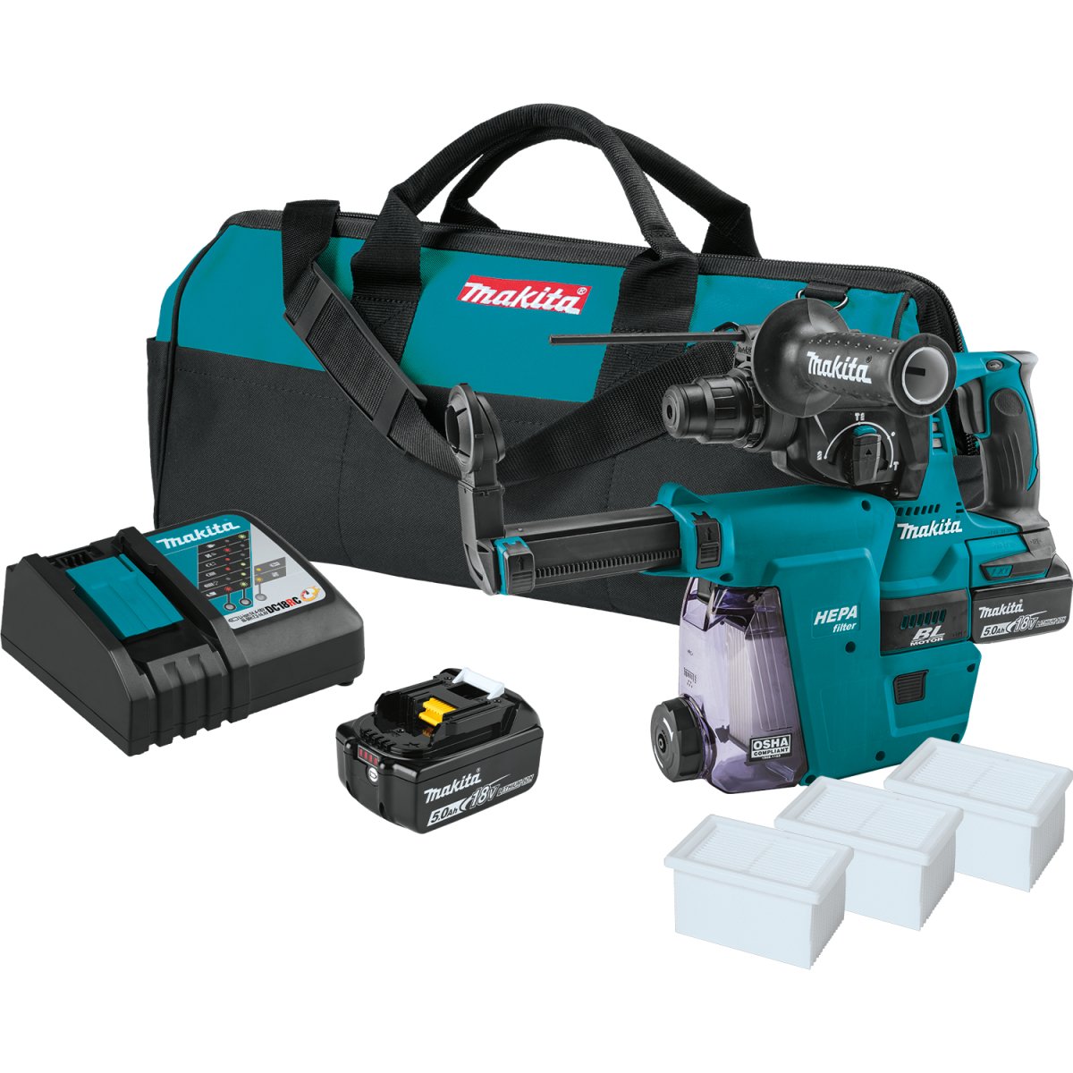 18V LXT® Brushless Cordless Rotary Hammer Kit with 5.0Ah Battery and HEPA Dust Extractor