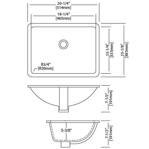20 1/4 Inch Porcelain Undermount Rectangle Bathroom Lavatory Sink