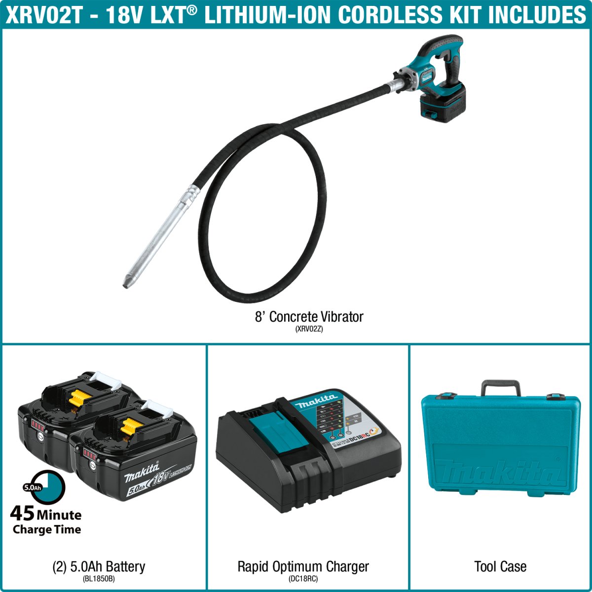 18V LXT® Lithium-Ion Cordless 8-Foot Concrete Vibrator with 5.0Ah Battery Compatibility for High-Performance Concrete Strengthening