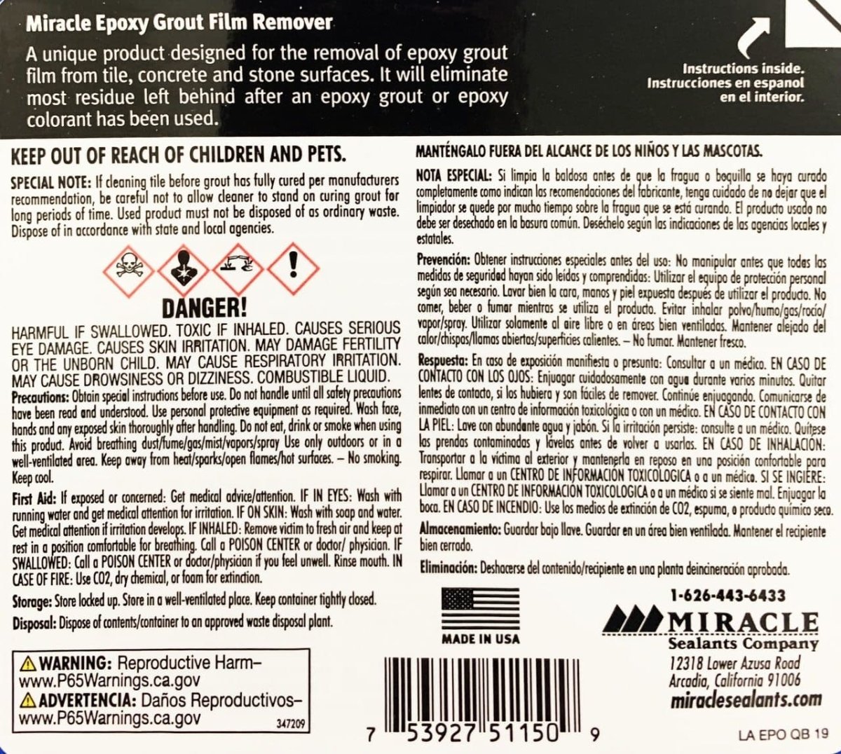 Miracle Fast - Acting Low - Odor Epoxy Grout Film Remover - Pack of 4