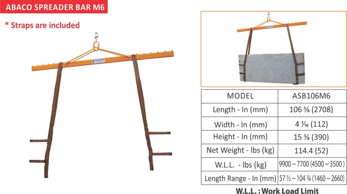 Abaco M6 Heavy - Duty Spreader Beam for Safe 9900 lbs. Slab Moving