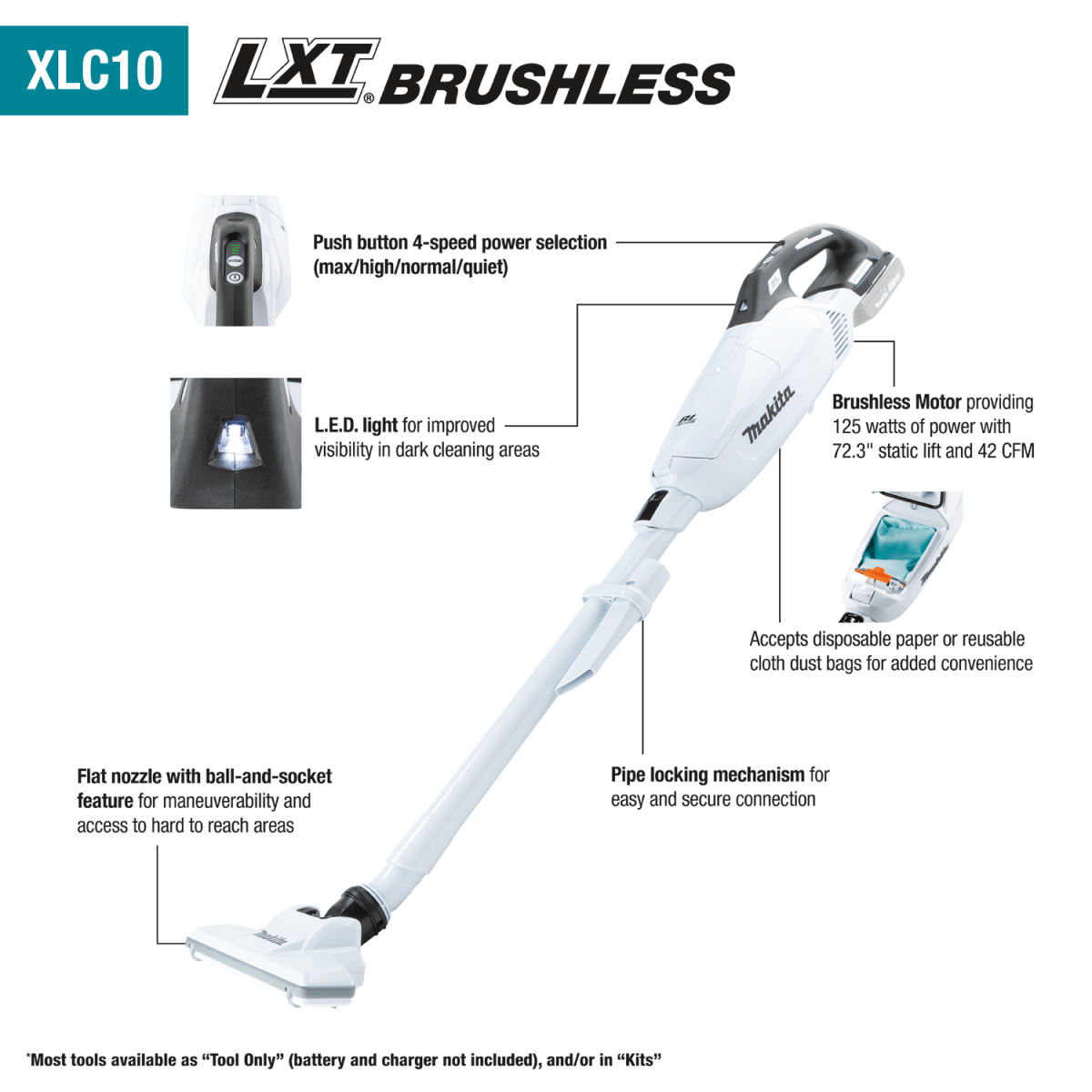 18V LXT® Compact Brushless Cordless 4 - Speed Vacuum with Push - Button & Dust Bag (Tool Only)
