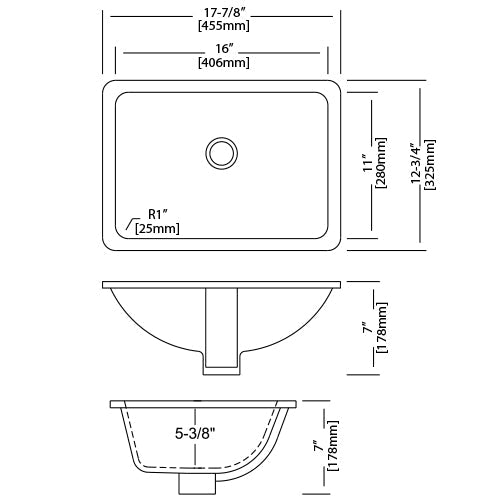 16×11 Inch Porcelain Undermount Rectangle Bathroom Lavatory Sink for Builders Collection