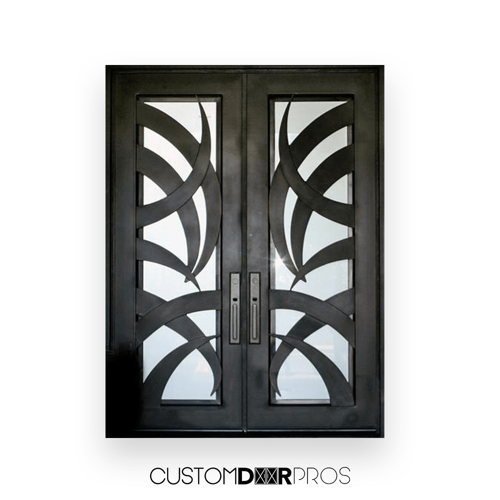 Energy - Efficient Double Palm Wrought Iron Doors in Dark Bronze and Matte Black