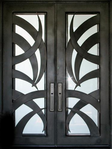 Energy - Efficient Double Palm Wrought Iron Doors in Dark Bronze and Matte Black